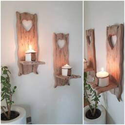 Pair Of Solid Oak Handmade Rustic Heart Candle Sconces Size 40x12 cm .candles Etc Not Included - thumbnail 1
