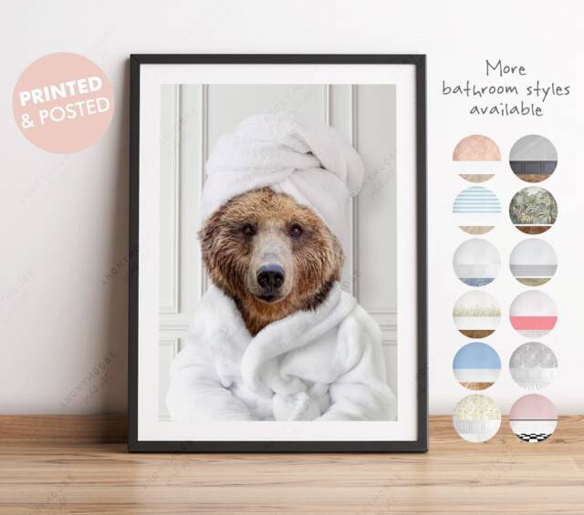 Bear in A Bathrobe Print, Bathing, Funny Bathroom Animal With Towel On Head, Grizzly Brown Bath Robe, Whimsy - image 1