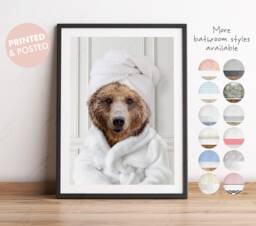 Bear in A Bathrobe Print, Bathing, Funny Bathroom Animal With Towel On Head, Grizzly Brown Bath Robe, Whimsy - thumbnail 1