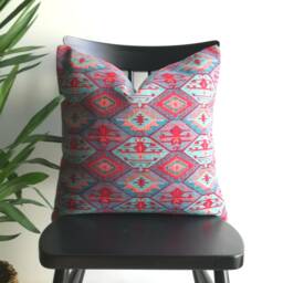 Red & Blue Kilim Pillow Cover, Turkish Woven Cotton, 18x18 - thumbnail 3