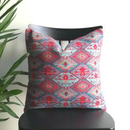 Red & Blue Kilim Pillow Cover, Turkish Woven Cotton, 18x18 - thumbnail 2