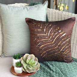 Tropical Art Silk Sequins Embellished Leaf Decorative Euro Sham Pillow Cover, 24x24/26x26 Brown Nature & Floral Couch Or Sofa - thumbnail 2