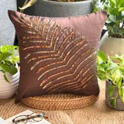 Tropical Art Silk Sequins Embellished Leaf Decorative Euro Sham Pillow Cover, 24x24/26x26 Brown Nature & Floral Couch Or Sofa - thumbnail 3
