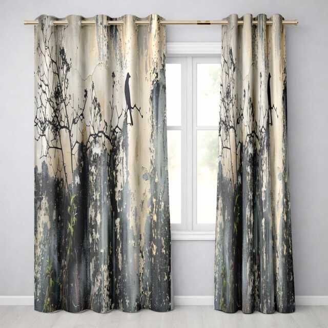 Bird On Bare Branch Grey Urban Graffiti Distinctive Artwork For Living Room Decor Readymade Eyelet Ring Top Thermal 100% Blackout Curtains - image 1