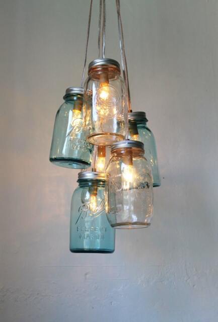 Ocean Sapphire Mason Jar Chandelier, 6 Clustered Blue & Clear Quart Jars, Modern Farmhouse Hanging Pendant Lighting Fixture, Bulbs Included - image 1