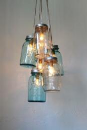 Ocean Sapphire Mason Jar Chandelier, 6 Clustered Blue & Clear Quart Jars, Modern Farmhouse Hanging Pendant Lighting Fixture, Bulbs Included - thumbnail 1