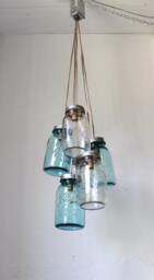 Ocean Sapphire Mason Jar Chandelier, 6 Clustered Blue & Clear Quart Jars, Modern Farmhouse Hanging Pendant Lighting Fixture, Bulbs Included - thumbnail 3