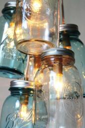Ocean Sapphire Mason Jar Chandelier, 6 Clustered Blue & Clear Quart Jars, Modern Farmhouse Hanging Pendant Lighting Fixture, Bulbs Included - thumbnail 2