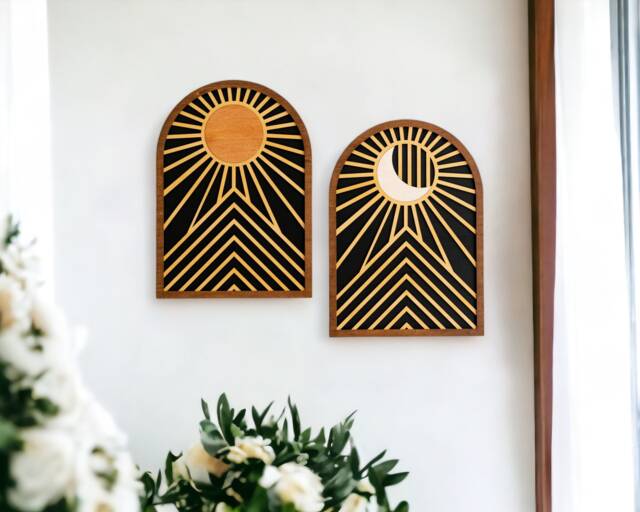 Sun Moon Wall Decor, Modern Wood Art Home Decor Art, & Office Trendy R09 - image 1