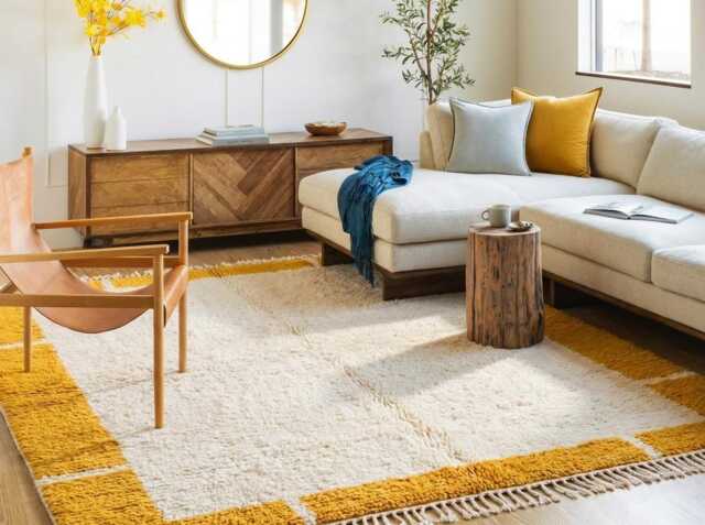 White Yellow Striped Moroccan Rug, Shag Berber Wool Carpet, Boho Living Room Decor, Custom Handmade Area Rug - image 1