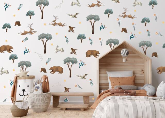 Woodland Nursery Wall Decals Vintage Forest Animals, Trees - 87 Decals - image 1