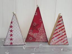 Wooden Decoupage Christmas Tree Trio - Festive Red Trees With Pearl Embellishments, Freestanding Pine Decorations - thumbnail 1
