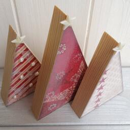 Wooden Decoupage Christmas Tree Trio - Festive Red Trees With Pearl Embellishments, Freestanding Pine Decorations - thumbnail 2