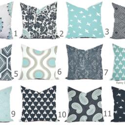 Tribal Bird Print Pillow Cover - Modern Aqua & Blue Throw - thumbnail 2
