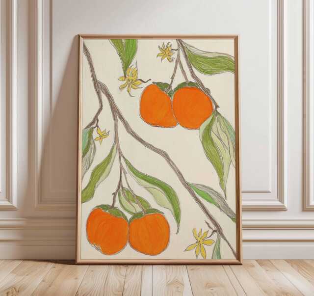 Persimmon Wall Art Poster, Botanical Fruit Print, Orange Illustration, Modern Kitchen Decor, Nature Inspired Poster - image 1