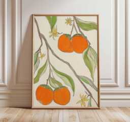 Persimmon Wall Art Poster, Botanical Fruit Print, Orange Illustration, Modern Kitchen Decor, Nature Inspired Poster - thumbnail 1