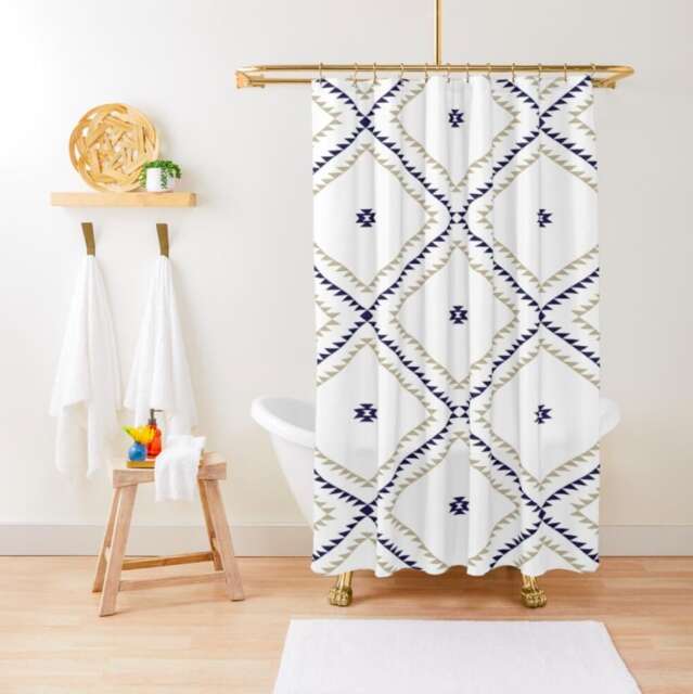Shower Curtain, Southwestern Geometric, White Navy Beige, Desert Boho Style, Bathroom Decor, Home Accessories, Western 71x74 - image 1