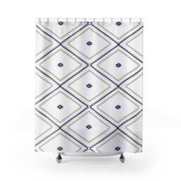 Shower Curtain, Southwestern Geometric, White Navy Beige, Desert Boho Style, Bathroom Decor, Home Accessories, Western 71x74 - thumbnail 3