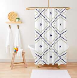 Shower Curtain, Southwestern Geometric, White Navy Beige, Desert Boho Style, Bathroom Decor, Home Accessories, Western 71x74 - thumbnail 1