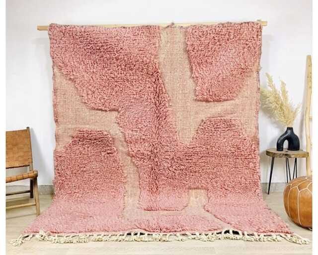 Pink & White Grid Moroccan Shag Rug, Hand Tufted Berber Wool Carpet, Boho Living Room Area Custom Modern Decor - image 1