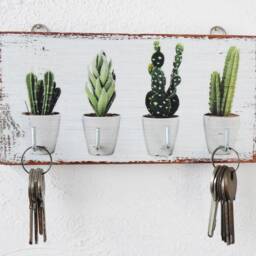 Rustic Cactus Key Holder, Image Transfer Art, Wall Decor - thumbnail 2