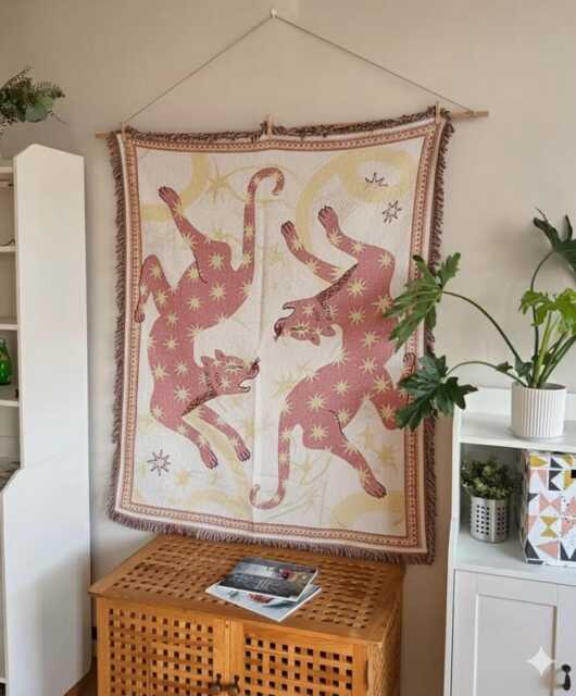 Woven Pink Panther Throw Blanket - Celestial Star Leopard Cotton Tapestry Pastel Aesthetic Wall Hanging Picnic Rug - image 1