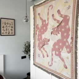 Woven Pink Panther Throw Blanket - Celestial Star Leopard Cotton Tapestry Pastel Aesthetic Wall Hanging Picnic Rug - thumbnail 2