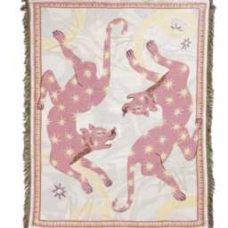 Woven Pink Panther Throw Blanket - Celestial Star Leopard Cotton Tapestry Pastel Aesthetic Wall Hanging Picnic Rug - thumbnail 3