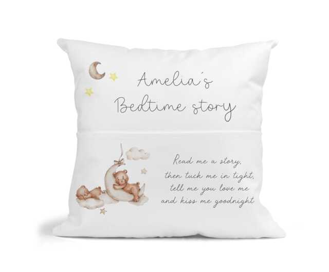 Personalised Teddy Bear Bedtime Story Book Cushion - Unisex Nursery Gift -Teddy Baby Baby Shower - image 1