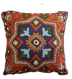 "Handmade Wool Embroidered Cushion Cover Flora Design, 16""x16" - thumbnail 1