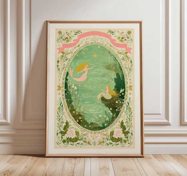 Mermaid Art Print, Fairy Tale Wall Art, Whimsical Ocean Poster, Vintage Storybook Illustration, Enchanted Nursery Decor