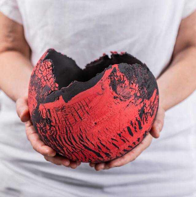 x-Large Red & Black Ceramic Planter For Succulent, Large Rustic Indoor Round Pot - image 1