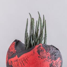 x-Large Red & Black Ceramic Planter For Succulent, Large Rustic Indoor Round Pot - thumbnail 3