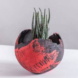 x-Large Red & Black Ceramic Planter For Succulent, Large Rustic Indoor Round Pot - thumbnail 2