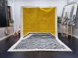 Stunning Moroccan Rug For Your Living Room, Beniourain Yellow Boxed Striped Rug Handmade From Wool Of Sheep, Artistic Handwoven Berber - thumbnail 1