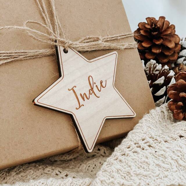 Personalised Wooden Christmas Gift Tag - Reusable Star Hanging Decoration Stocking Name - image 1