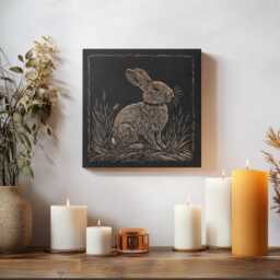 Rabbit Engraved Birch Wood Panel - Block Print Style Woodland Wall Art, Bunny Illustration, Forest Cabin Nature Decor, Farmhouse Decor Gift - thumbnail 2