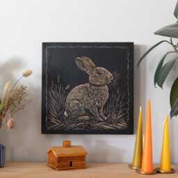 Rabbit Engraved Birch Wood Panel - Block Print Style Woodland Wall Art, Bunny Illustration, Forest Cabin Nature Decor, Farmhouse Decor Gift - thumbnail 1
