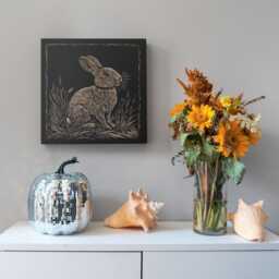 Rabbit Engraved Birch Wood Panel - Block Print Style Woodland Wall Art, Bunny Illustration, Forest Cabin Nature Decor, Farmhouse Decor Gift - thumbnail 3