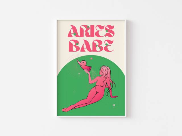 Aries Star Sign Print - Aries Babe, Zodiac Art, Colourful Astrology Poster, Retro Sign, Bright Bold Pastel, Y2K 90's, Funky Groovy Gift - image 1