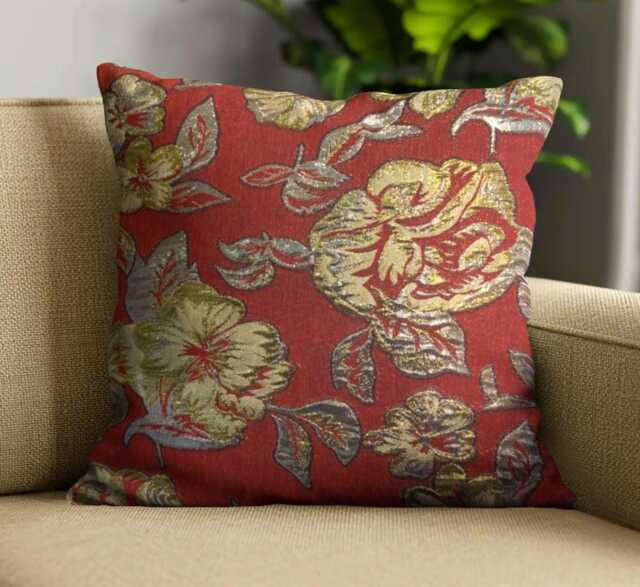 Burgundy Floral Cushion Cover - Gold & Silver Metallic Flowers 18 - image 1