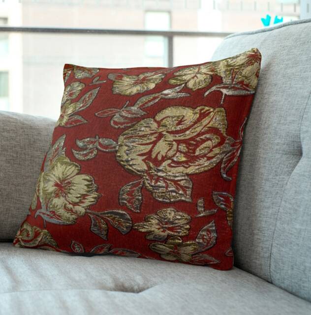 Burgundy Floral Cushion Cover - Gold & Silver Metallic Flowers 18 - image 1