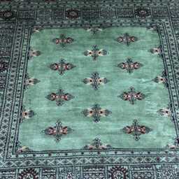 4.5x4.5 Green Color Bokhara Rug - Square Kitchen Wool Living Room Hand Knotted Wall Turkish - thumbnail 3
