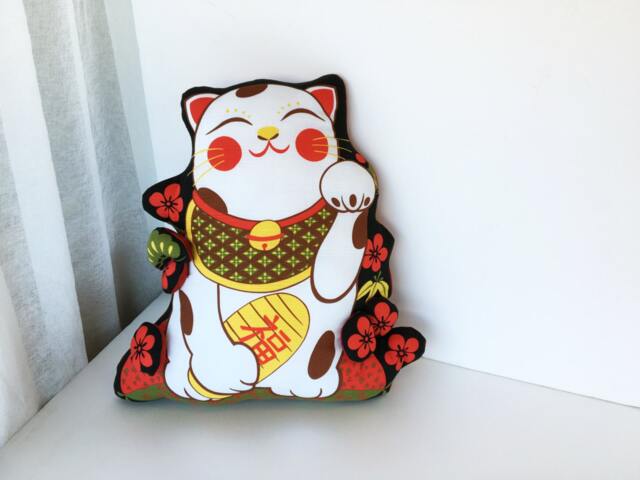 Maneki Neko Pillow, Cat Stuff Animal, Throw Lover Gifts, Japanese Furoshiki Fabric Cushion, Decorative Pillow - image 1