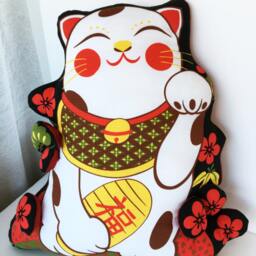 Maneki Neko Pillow, Cat Stuff Animal, Throw Lover Gifts, Japanese Furoshiki Fabric Cushion, Decorative Pillow - thumbnail 3