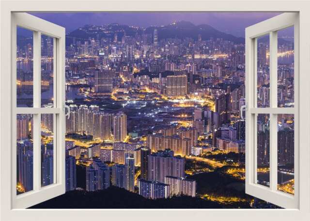Hong Kong City Skyline Wall Decal, China 3D Window Cityscape Sticker, Frame Sticker