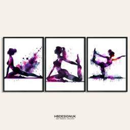 Pilates Wall Art Print - Set Of 3 Posters - Purple Watercolor Painting Artwork Picture Home Gifts Yoga Decor Poster - thumbnail 1