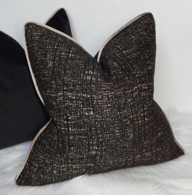 Black Tweed Cushion Cover With Bronze Satin Piping Luxury Decorative Pillow Modern Textured - Trim - image 1