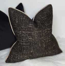 Black Tweed Cushion Cover With Bronze Satin Piping Luxury Decorative Pillow Modern Textured - Trim - thumbnail 1