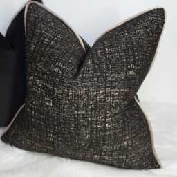 Black Tweed Cushion Cover With Bronze Satin Piping Luxury Decorative Pillow Modern Textured - Trim - thumbnail 3